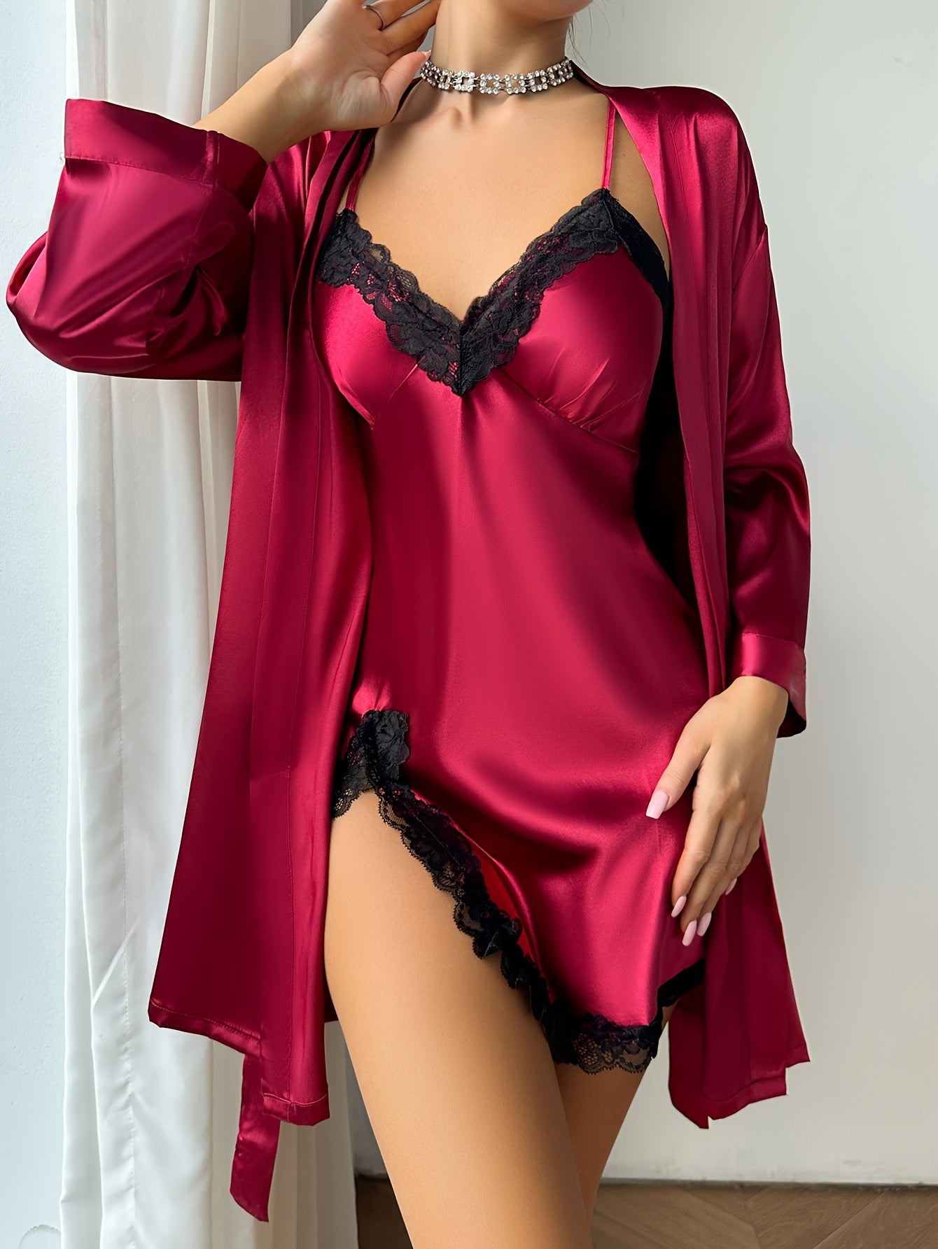 Silky Lace Trim Pyjama Set