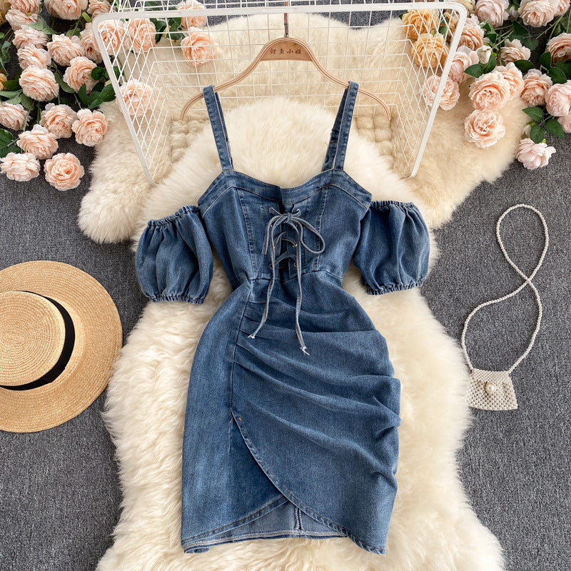 Summer Women's Scheming Pleated Slim Short Denim Suspender Skirt