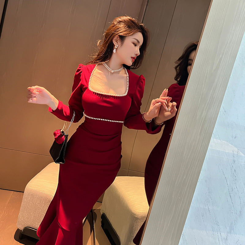 Square-Neck Cinched Slimming Fishtail Long-Sleeve Dress