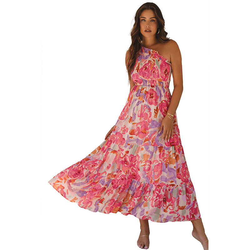 Color Matching One Shoulder High Waist A- Line Dress