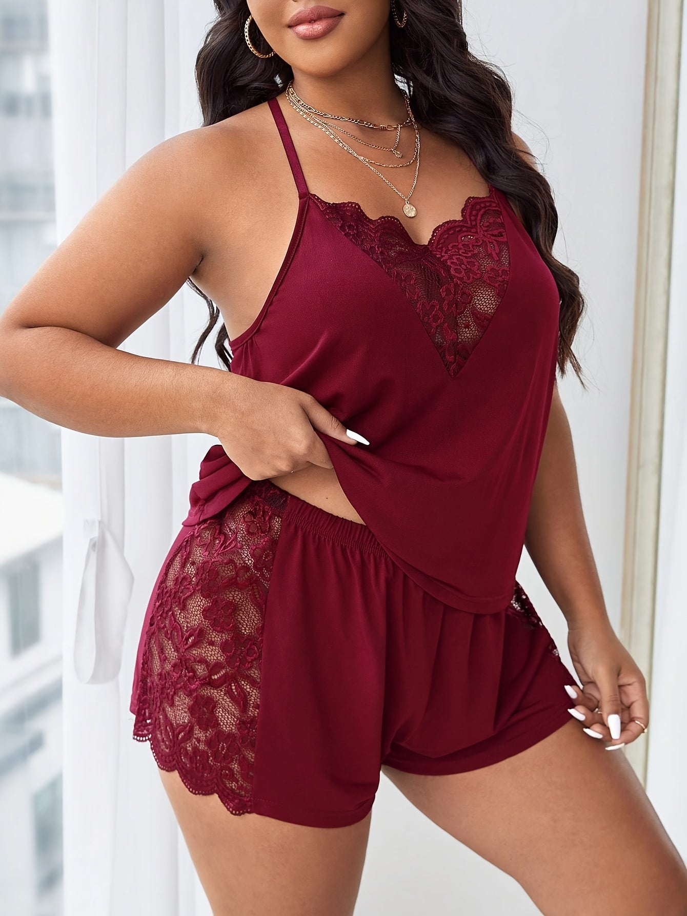 Cosy Plus-Size Lace-Accentuated Halter Cami & Shorts Set