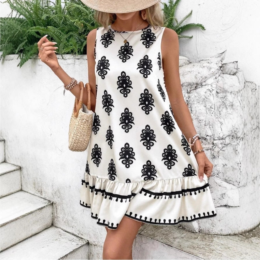 Women's Elegant Printed V-neck A- Line Skirt