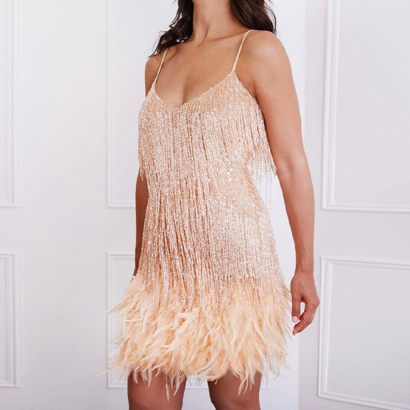 Tassel Sequins Feather Mini Dress