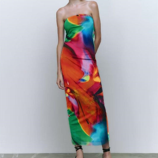 Bandeau Slim-Fit Printed Silk Net Dress