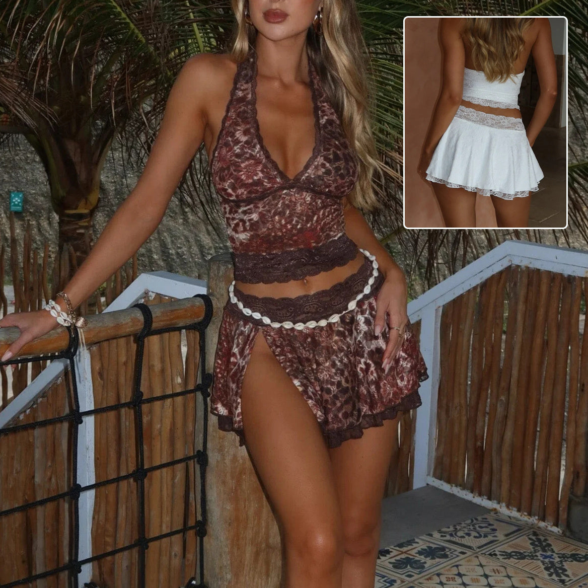 Lace Halter Deep V-neck Suits Fashion Split Skirt Summer Beach Leopard Set For Women