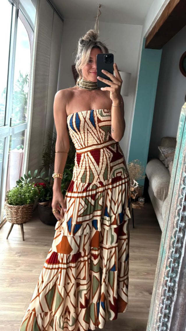 Retro High-Waist Printed Maxi Dress