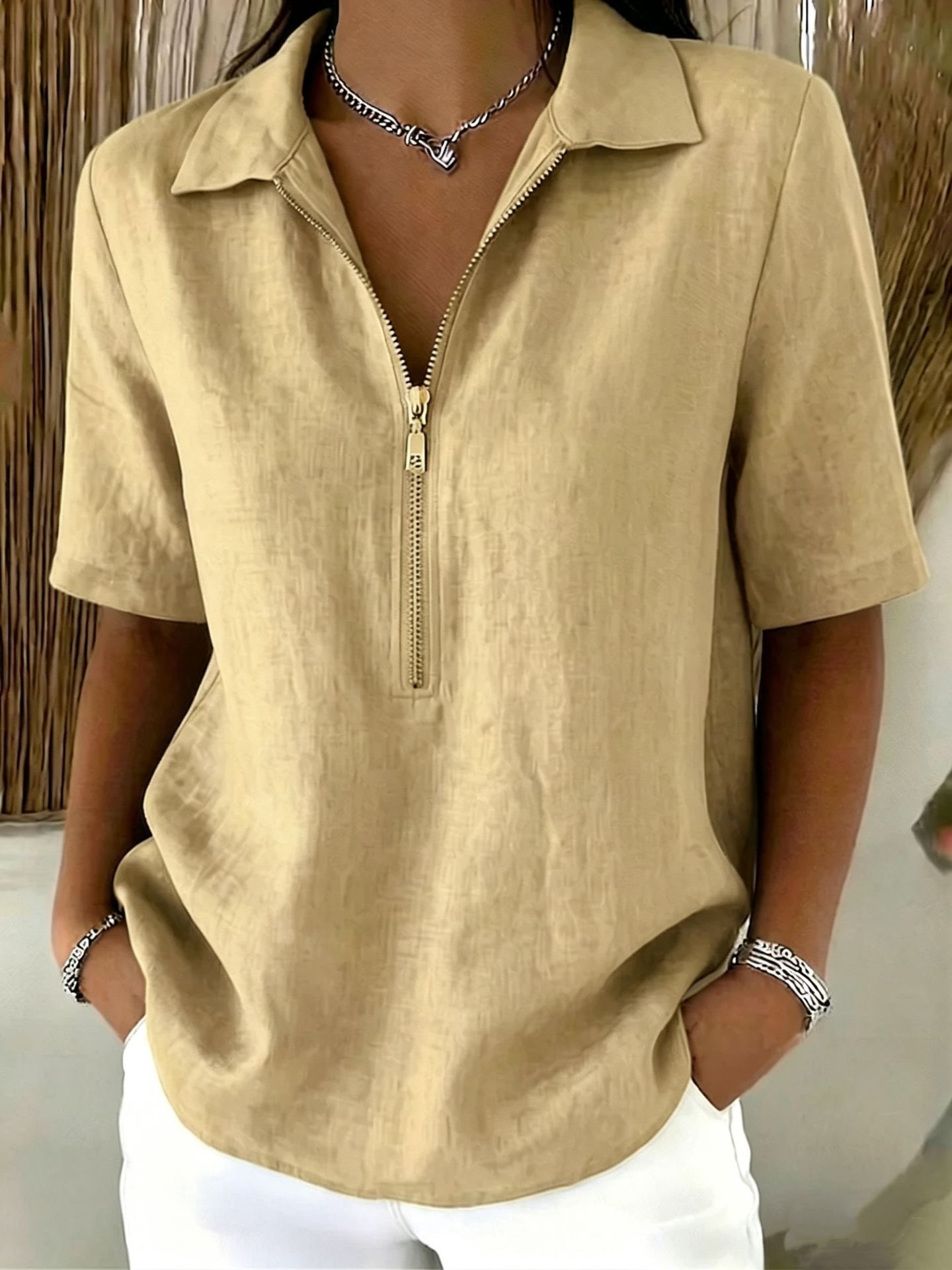 Solid-color Lapel-zip Mid-sleeve Womens Blouse
