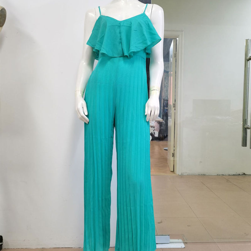 Suspender Pleated Wide-Leg Ruffled Jumpsuit