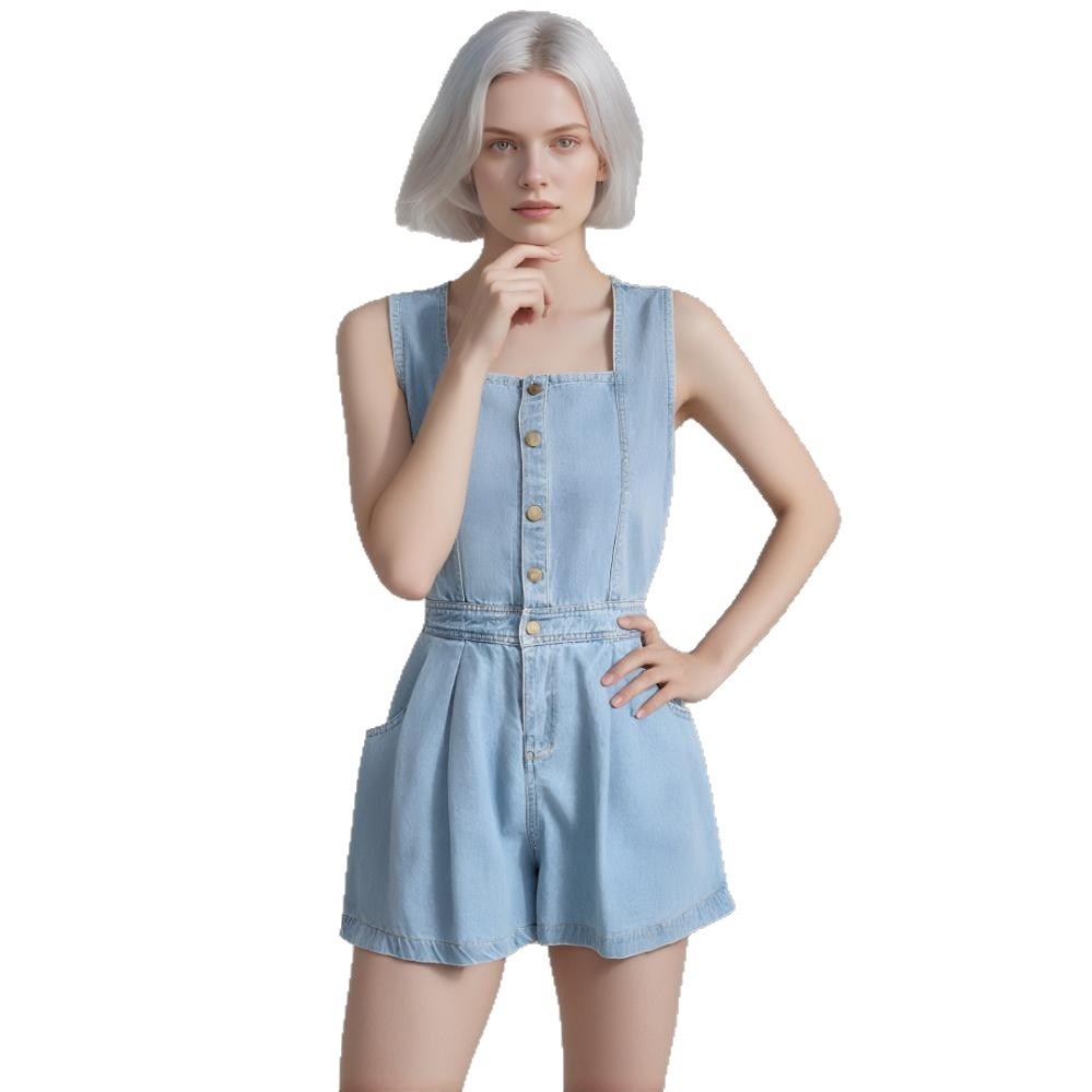 Denim Wide-Leg Shorts Jumpsuit