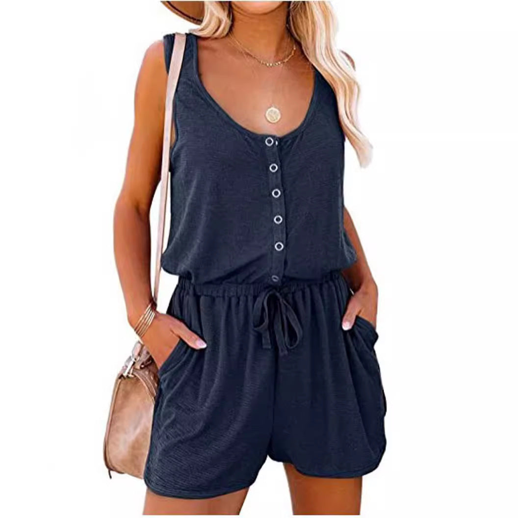 Waist-Cinching Lace-Up Sleeveless Jumpsuit