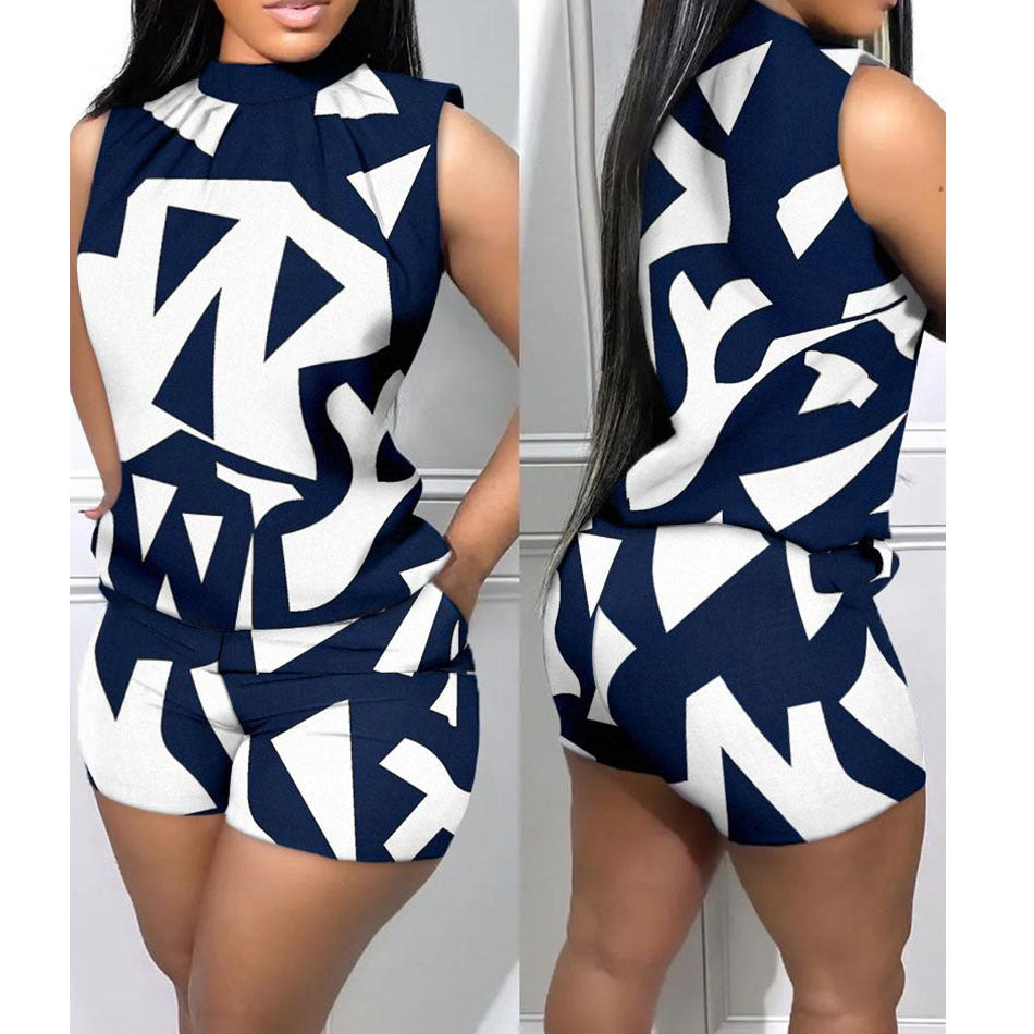 New Fashion Casual Sleeveless Printed Shorts Suit - Plus-Size Available