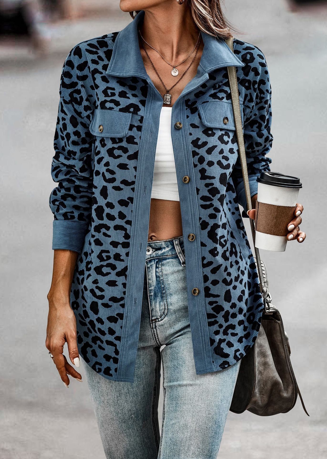 Leopard Print Corduroy Shirt Jacket