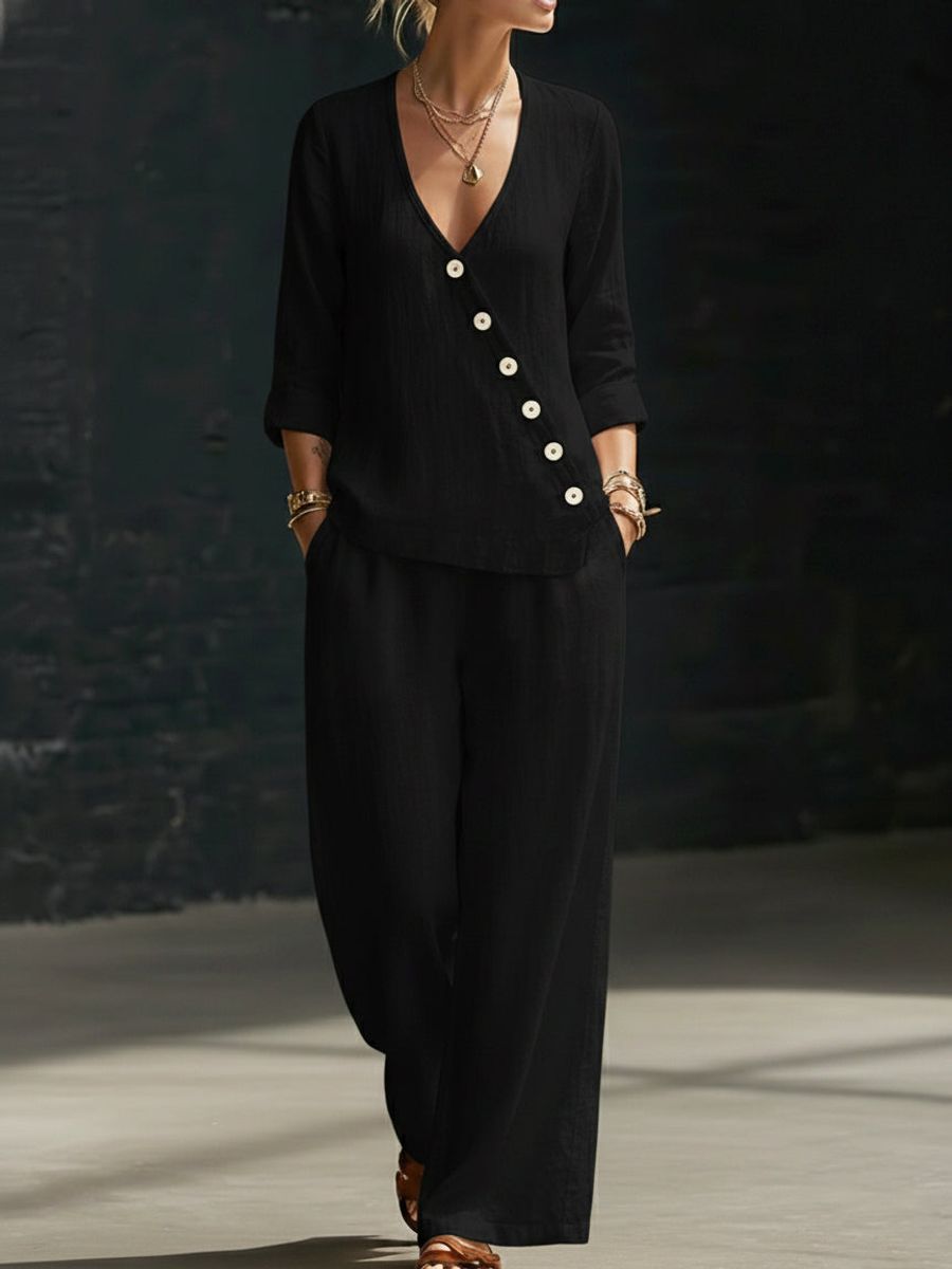 Loose-fitting V-neck Cross-over Shirt And Wide-leg Pants