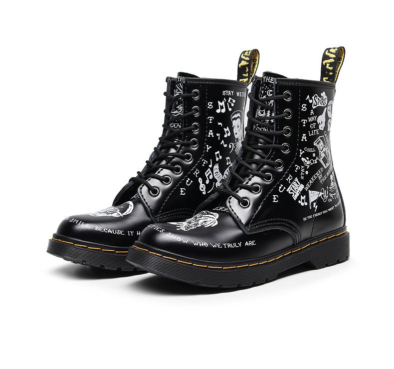 Hard-Leather Skull Graffiti Leather Boots