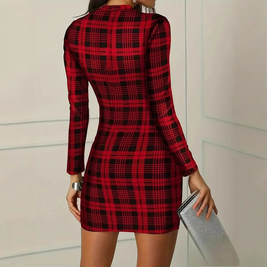 Plaid Slim-Fit Long-Sleeve Mini Dress