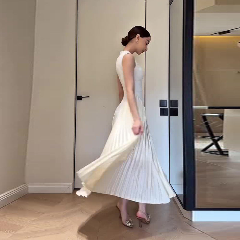 Women's Sleeveless Pleated Stitching Elegant Slimming White Dress