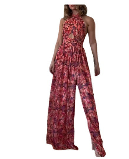 Cross-Collar Printed Lace Pleated Sleeveless Dress