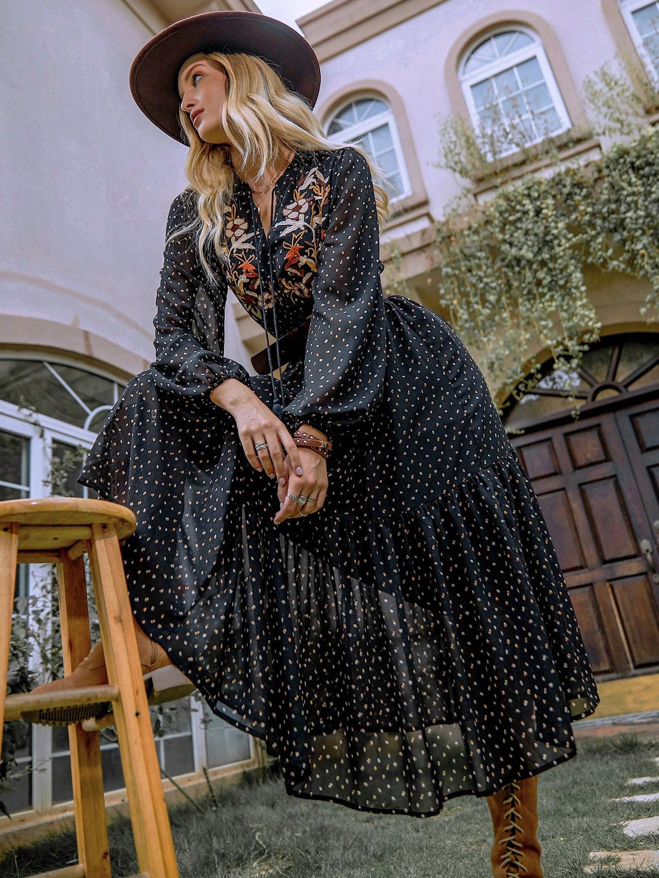 Embroidered Polka Dot Tie-Neck Long-Sleeve Midi Dress - US only