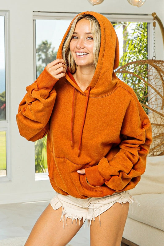 Ruched Long-Sleeve Washed Fleece Hoodie - US Only