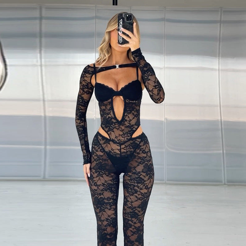 Lace Slim-Fit Long-Sleeve Jumpsuit