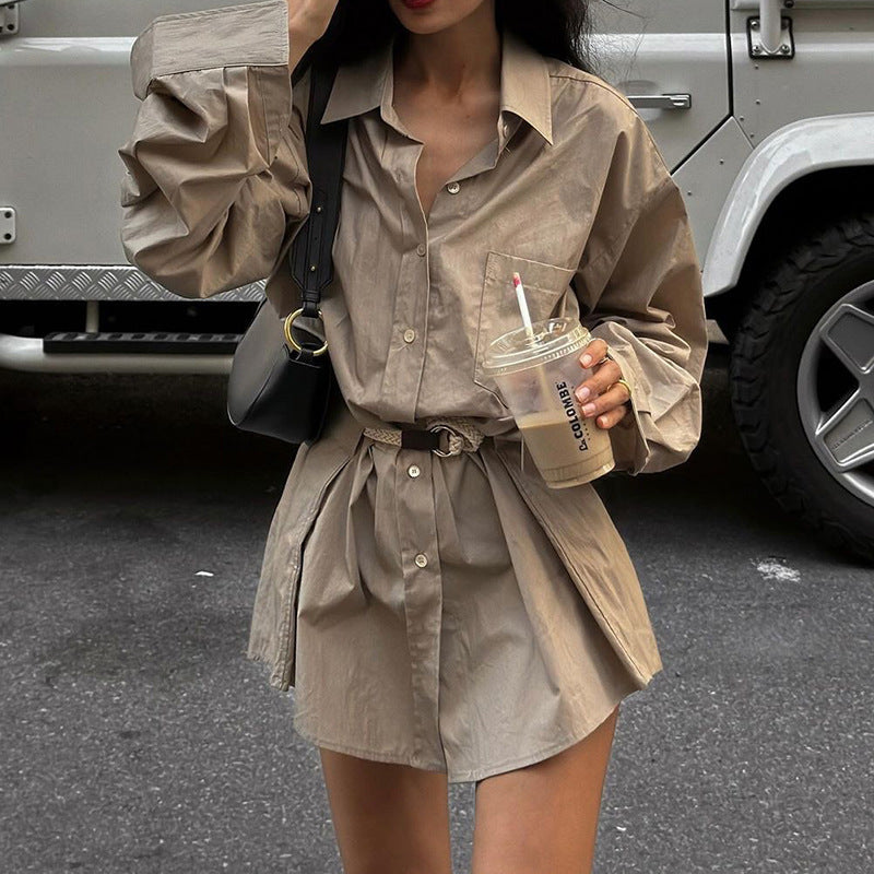 Loose Street Fashion High-Waist Lapel-Sleeve Dress