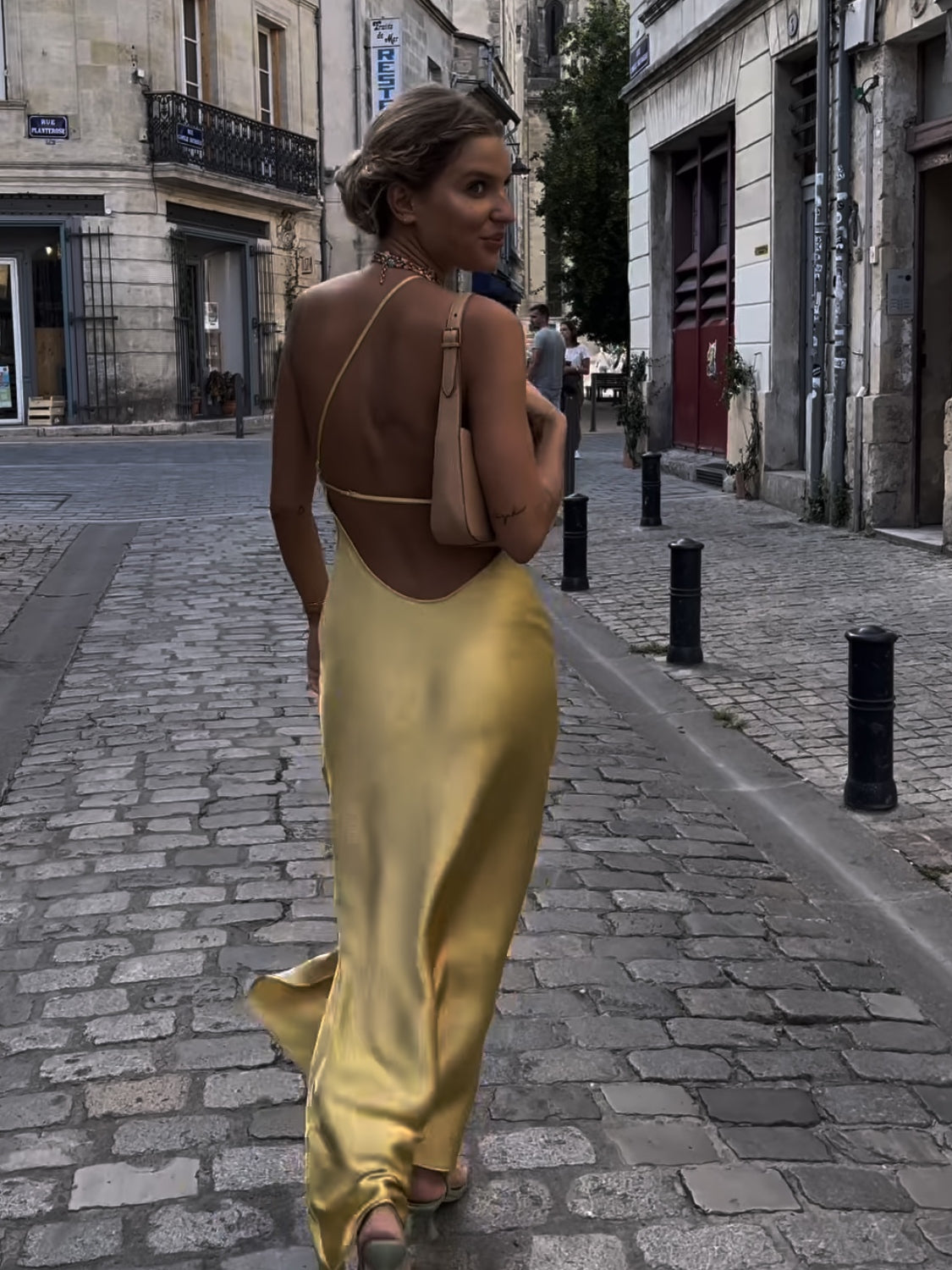 French-Style Satin  Backless Long Dress