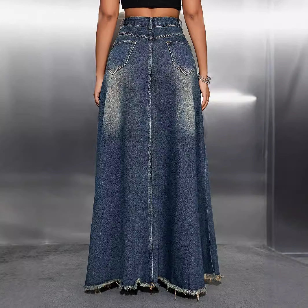 Retro Washed All-Matching Long Denim Skirt