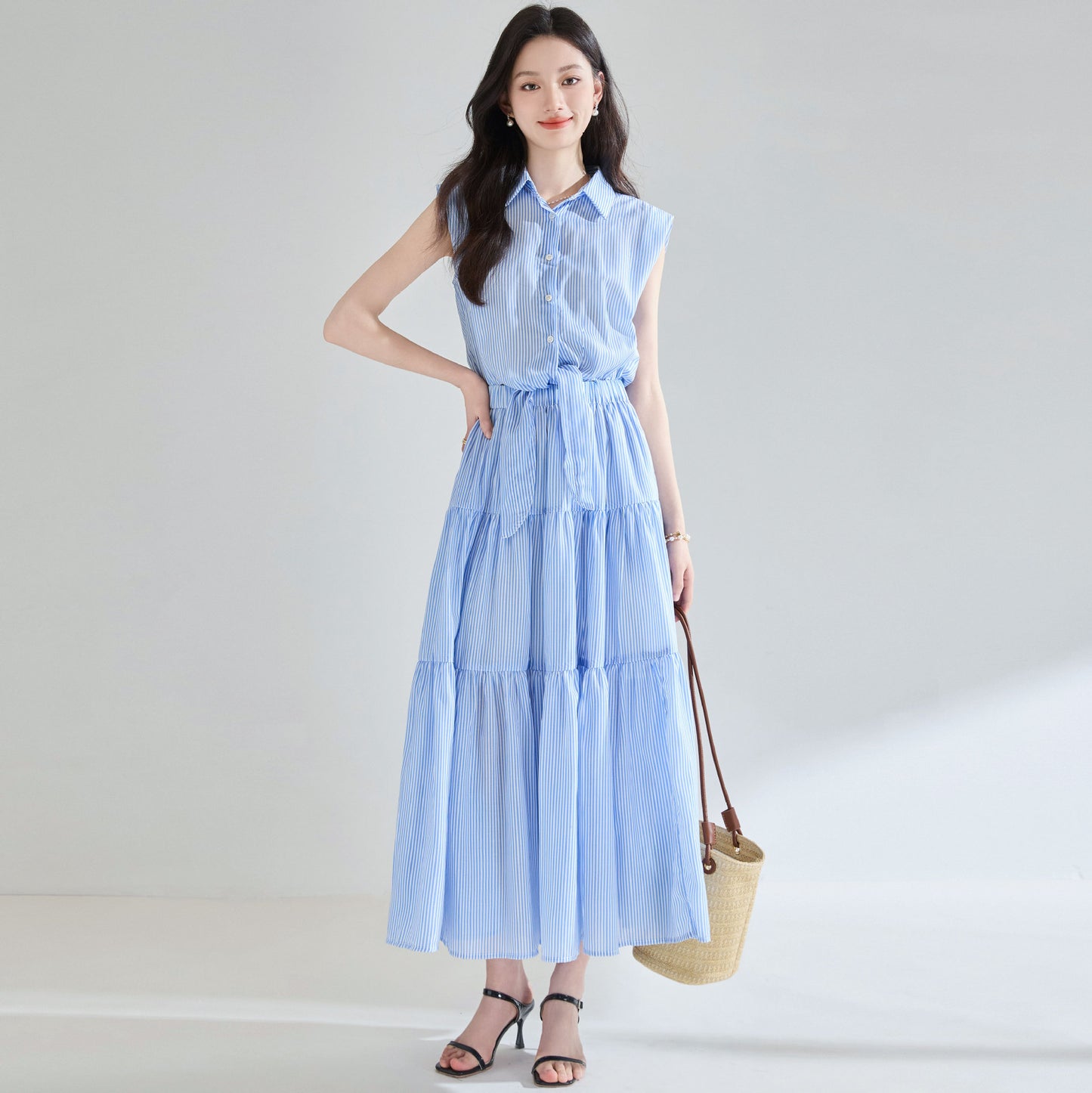 Blue And White Striped Lace-up Waist-tight Three-dimensional Wide Shoulder Fake Two Pieces Shirts Dress