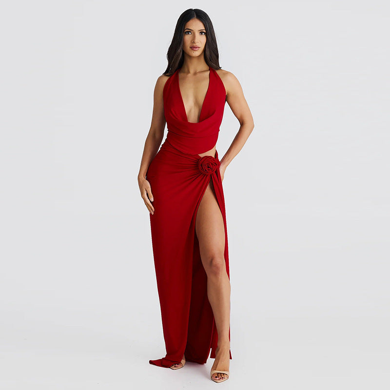 Lace-Up Backless Deep V-Neck Slit Dress