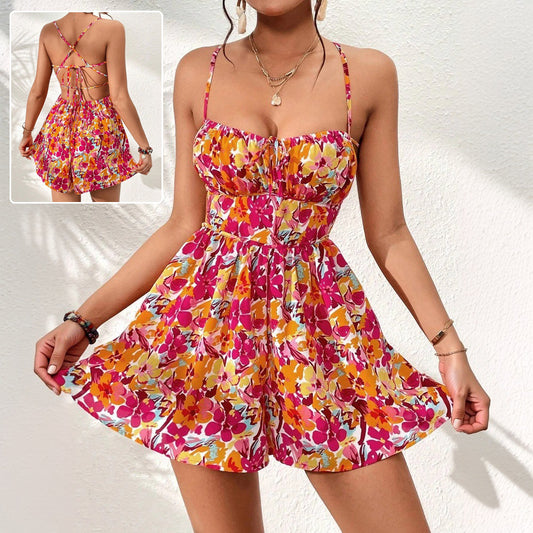 Lace-Up Floral Print Mini Dress