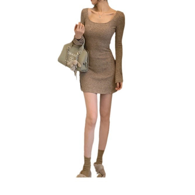 Square-Collar Bell Sleeve Knitted Dress