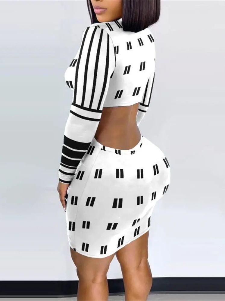 Gorgeous Printed Fashion Midriff Outfit Sheath Long-Sleeve Dress
