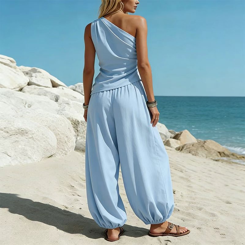 Casual Minimalist Solid-Color Sleeveless Tank Top And Loose High-Waist Pants Set For Women