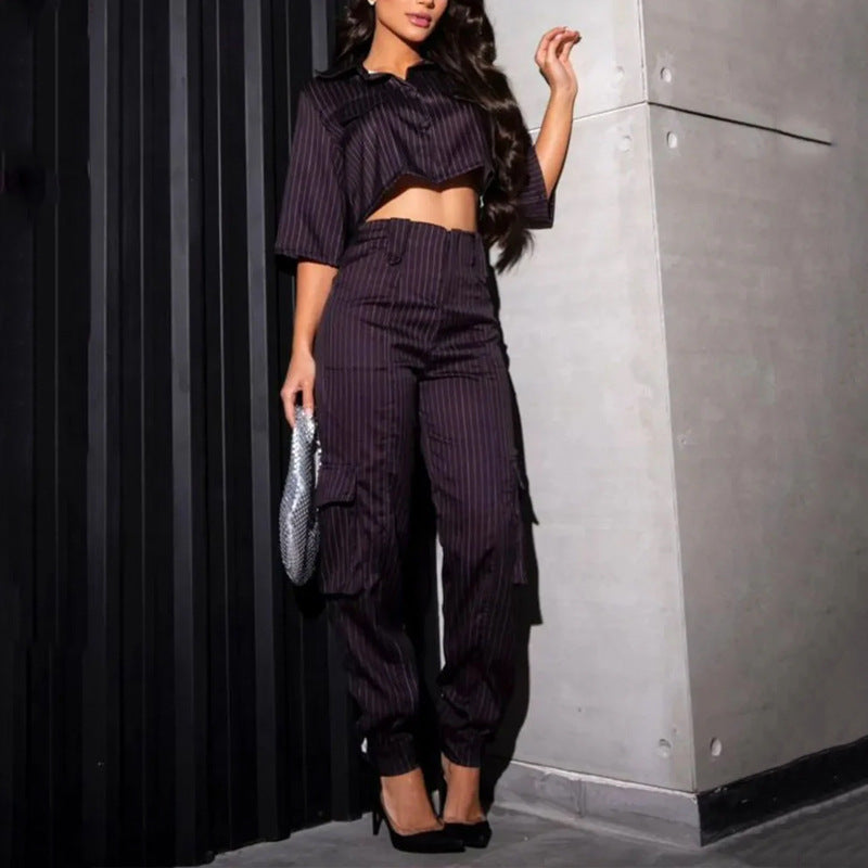 Hot Girl V-Neck Navel-Out Top & Long Pants Outfit