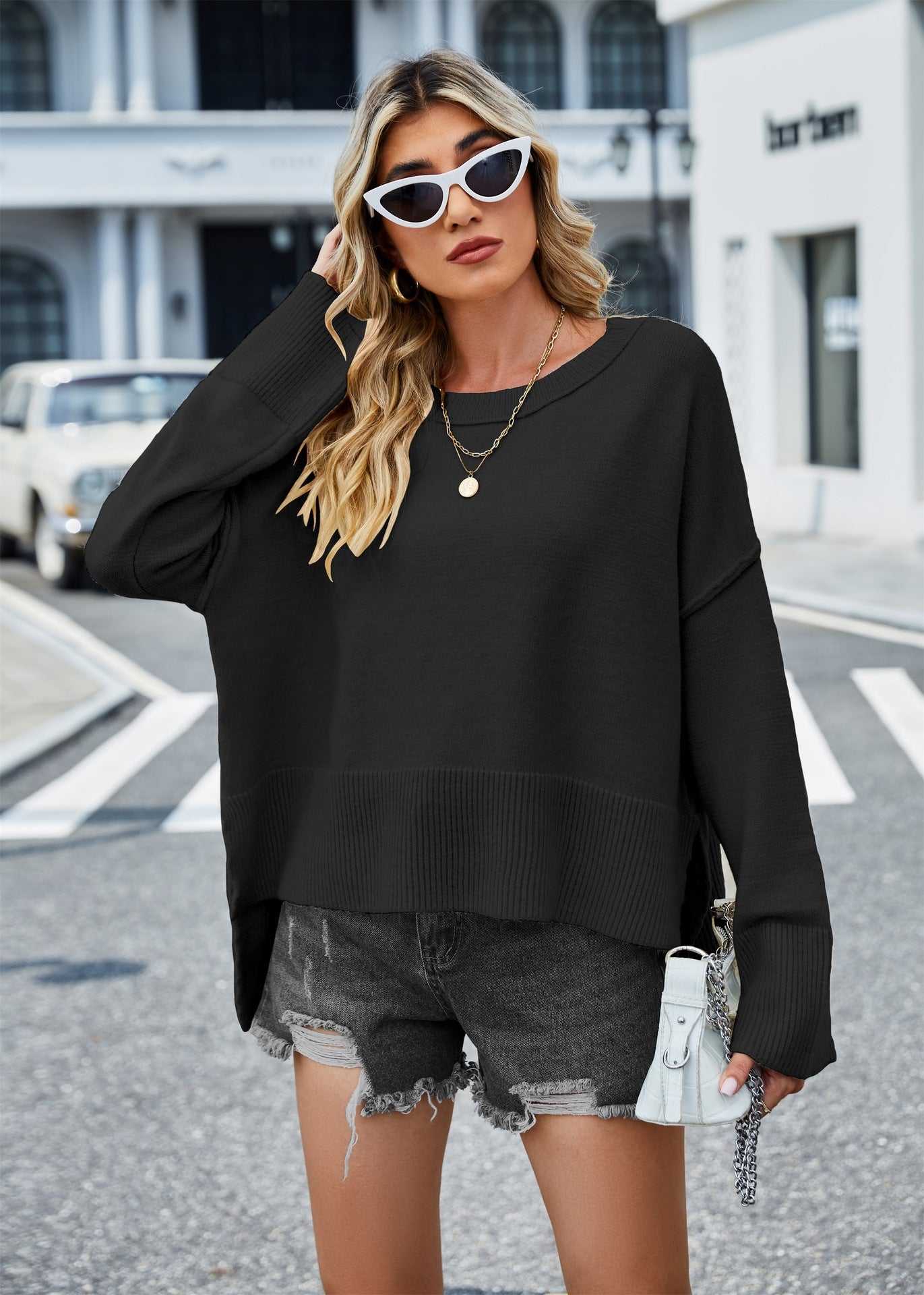 Round-Neck Women's Knitwear Bell-Sleeve Solid-Colour Sweater