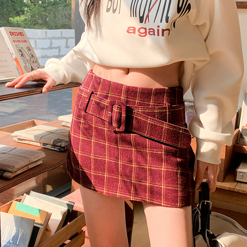 Plaid Wrap-Hip Mini Skirt