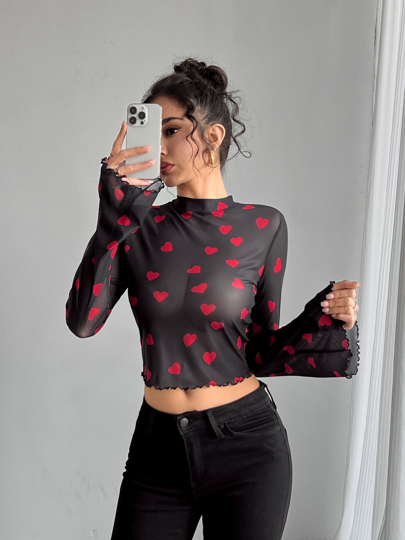Mesh Floral Print Round-neck Flared Sleeves Long Sleeve