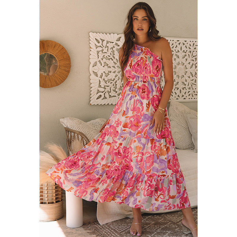 Color Matching One Shoulder High Waist A- Line Dress