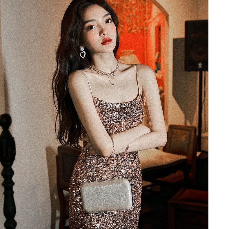 Elegant Strap Sequined  Slim-Fit Split-Thigh Evening Dress