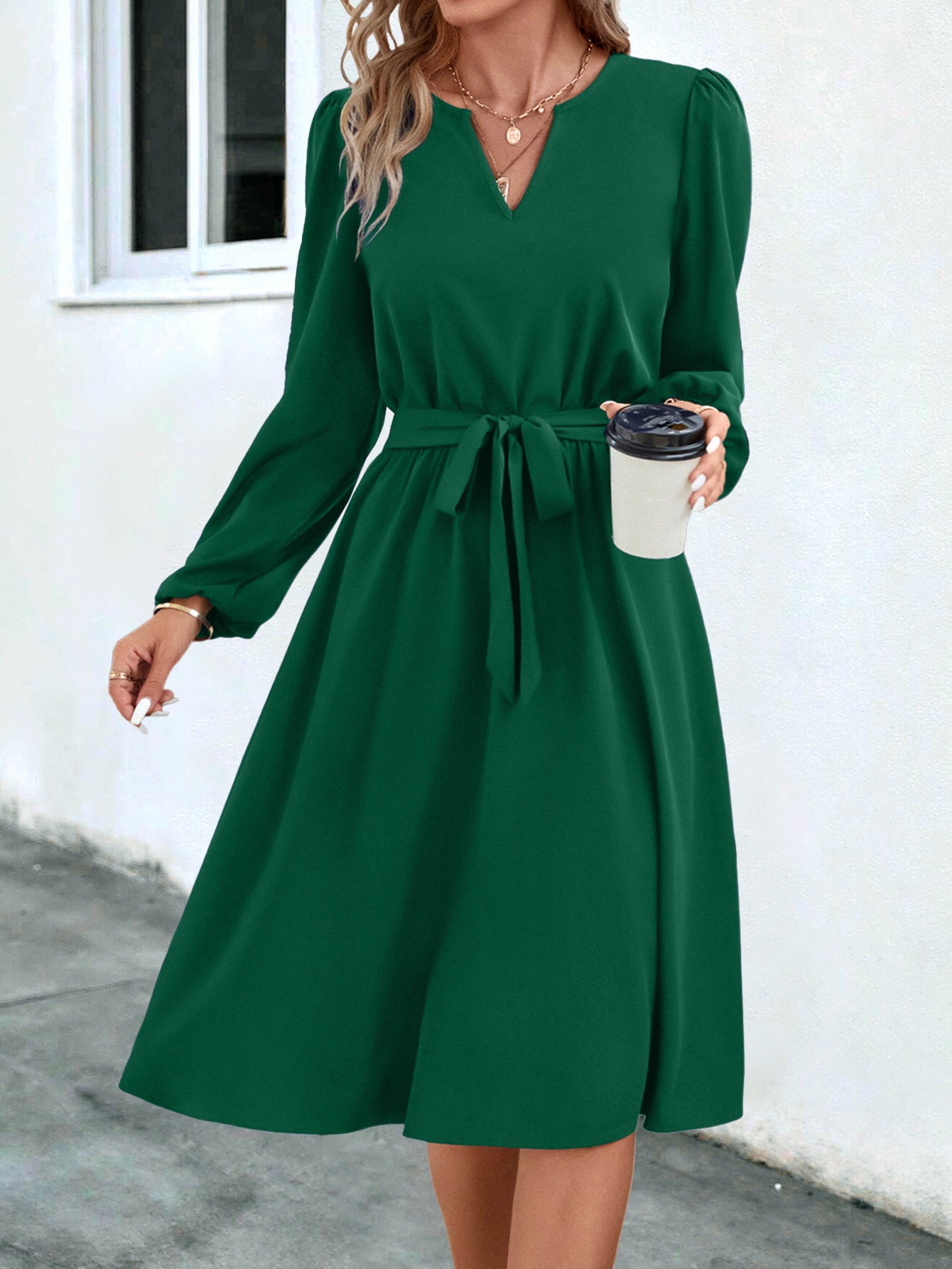 European & American Style Long-Sleeve Small V-Neck Lace-Up Dress