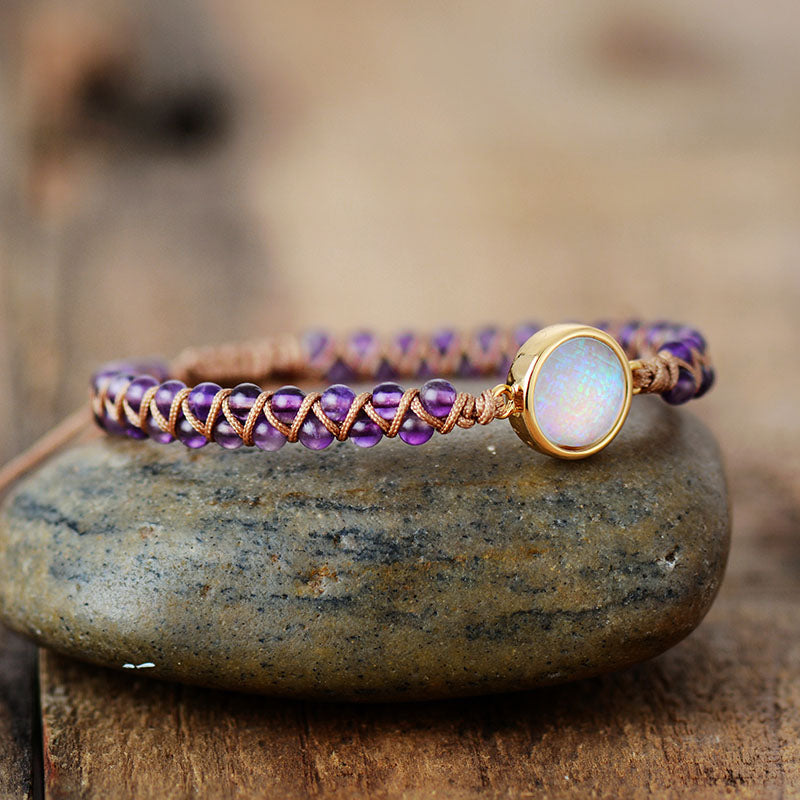 Stone Wrap Bracelet - Femme Amethysts Opal String Braided Yoga Friendship Bracelet Bangle - Bohemian Jewellery