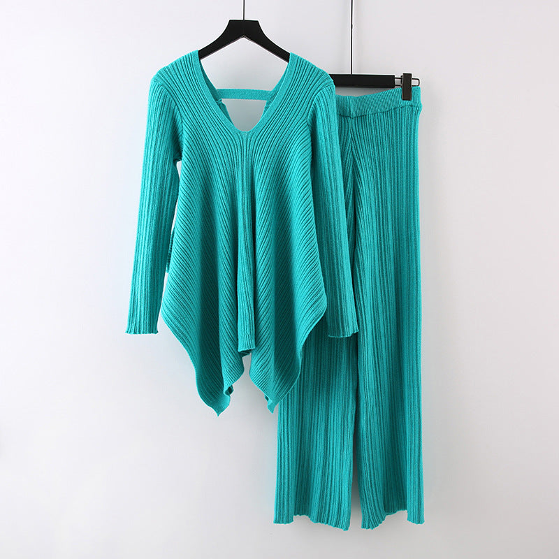 Pleated Knitted Irregular V-Neck Top-Wide-Leg Pants Sweater Suit