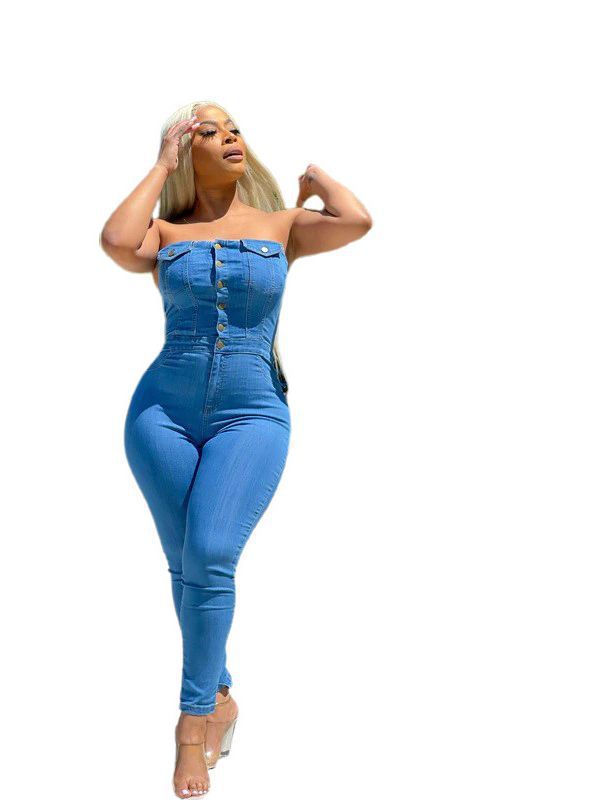 Tube-Top Off-Shoulder Slim-Fit Denim Jumpsuit
