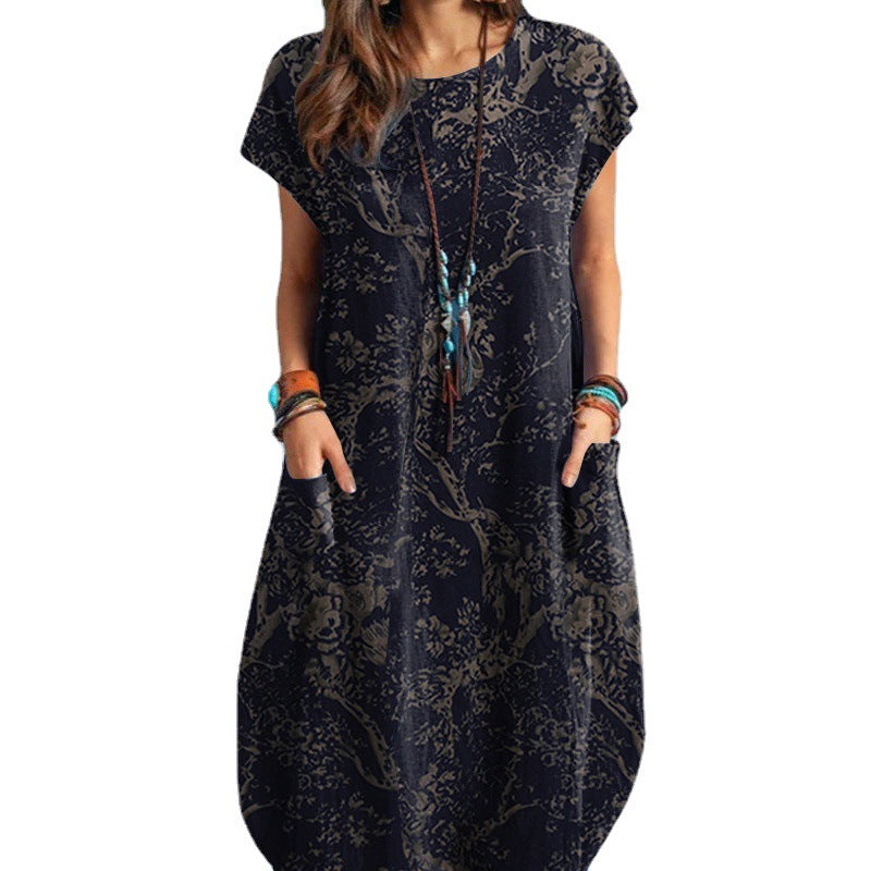 Women's New Fashion Cotton & Linen Plant Print Round-Neck Pocket Short-Sleeve Casual Dress