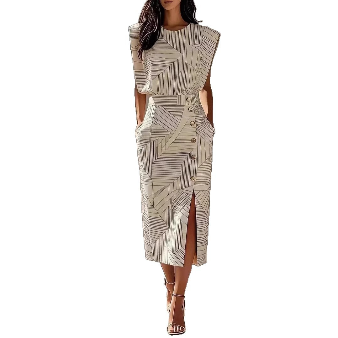 Printed Slit Midi Skirt Outfit