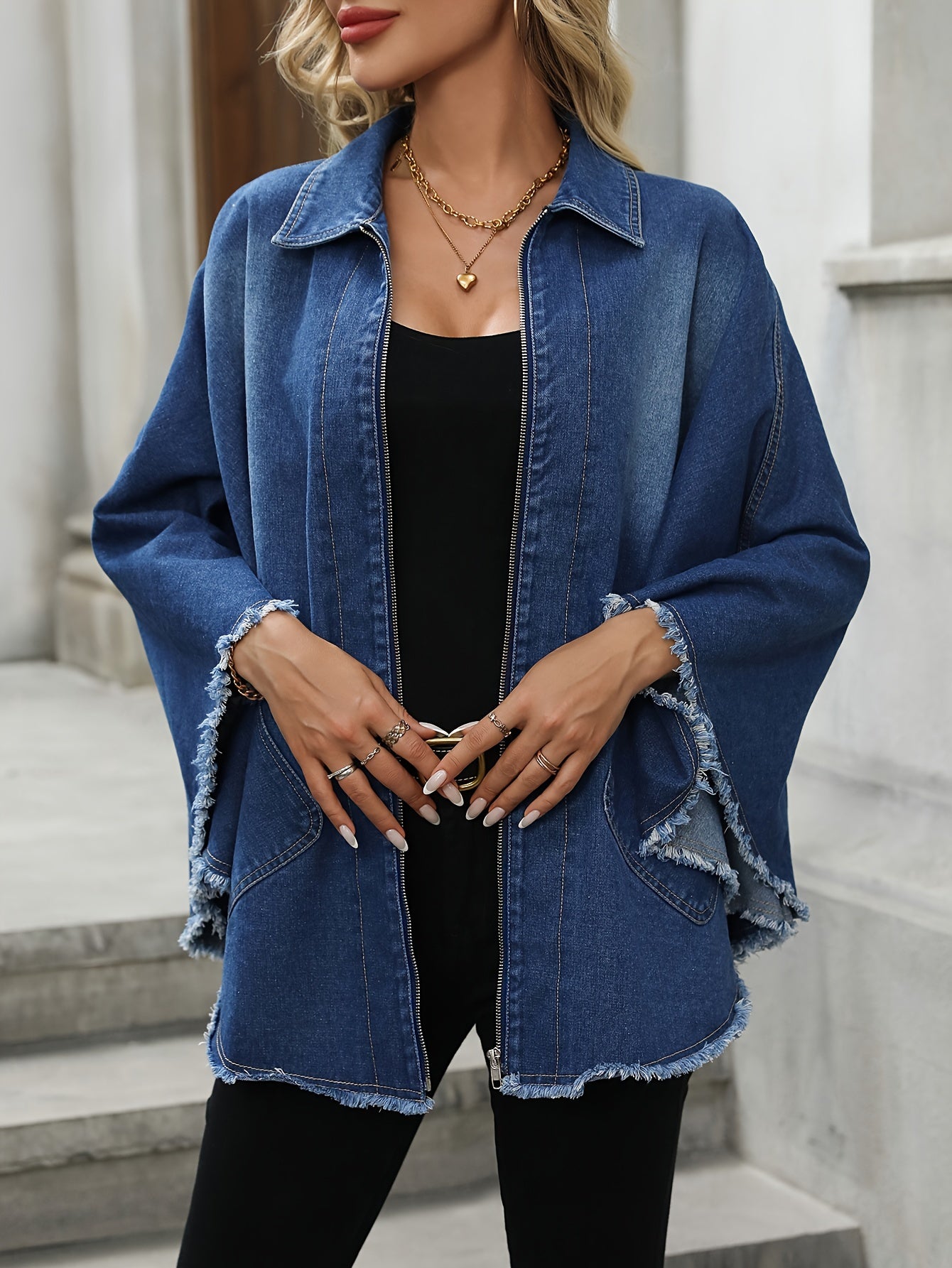 Raw-Hem Loose-Fit Zipper Batwing-Sleeve Oversize Elegant Denim Jacket