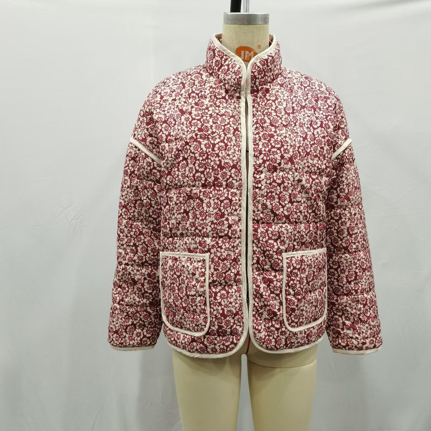 Plus Size Stand Collar Quilted Floral Cotton Coat Jacket Women