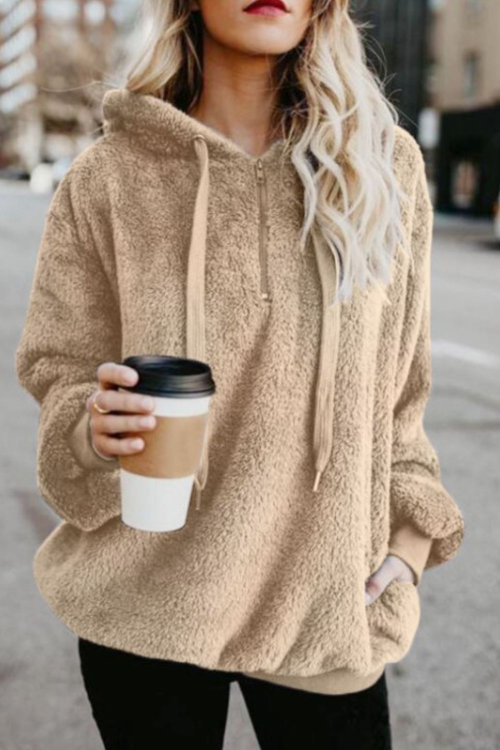 Quarter-Zip Drawstring Teddy Hoodie - US Only