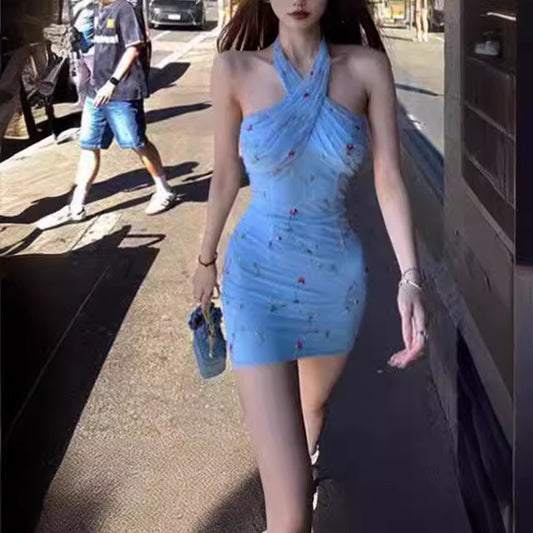 Mesh Embroidery Halter Dress