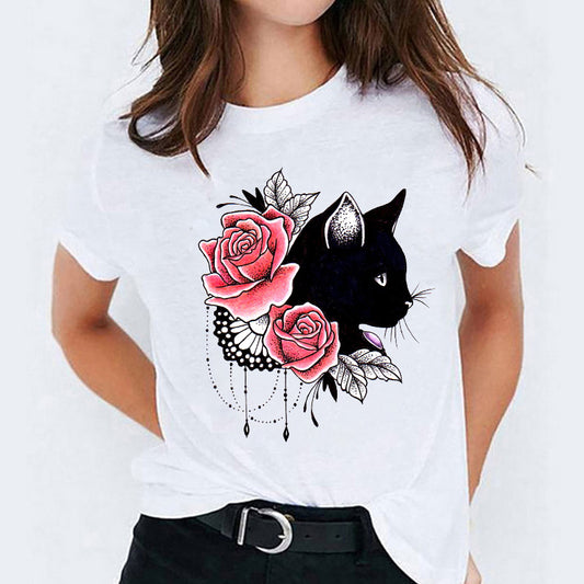 Cat Flamingo Round-Neck Print Short-Sleeve T-Shirt Short For Women